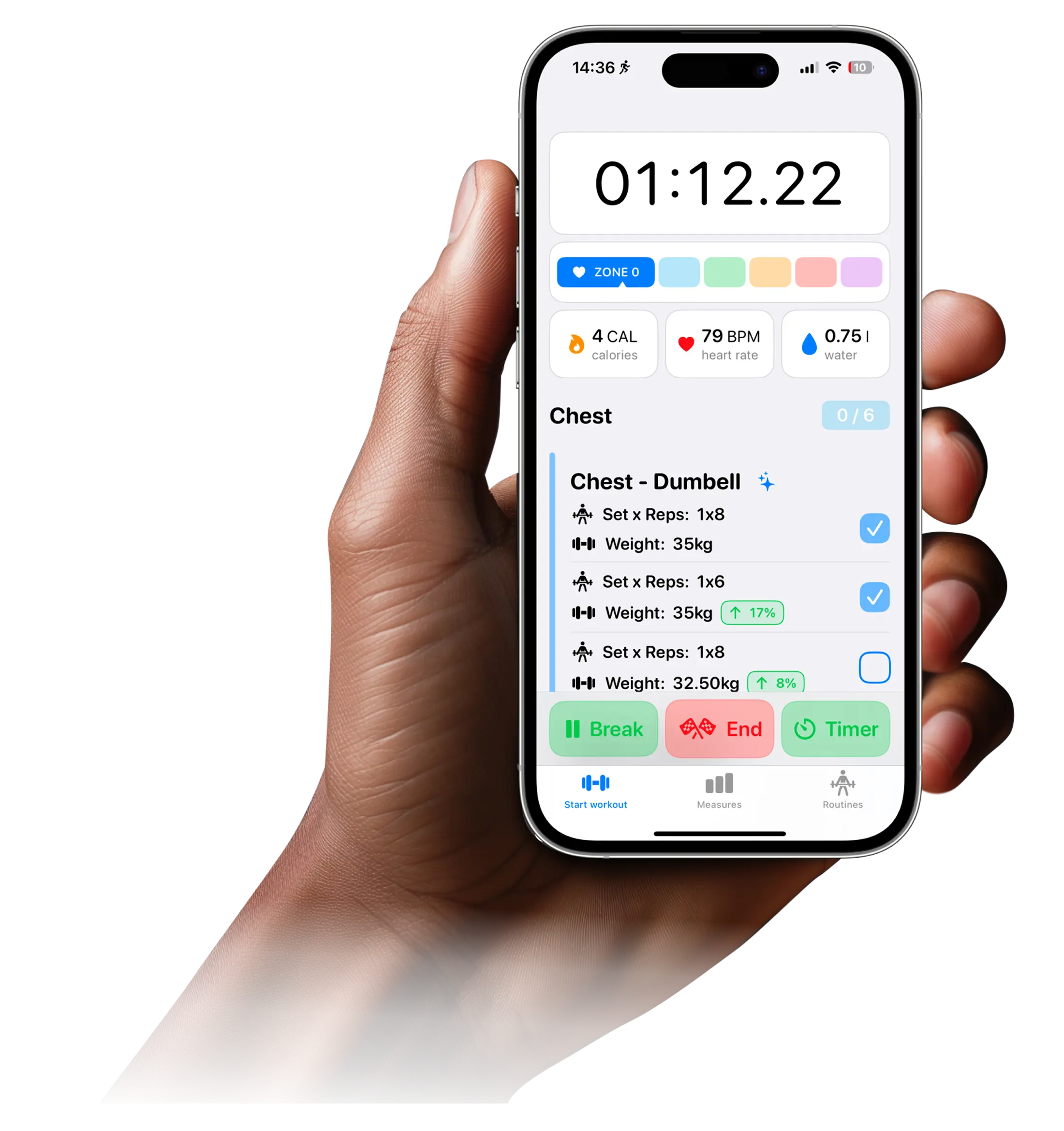 Gym Hero iOS fitness app displayed on iPhone in user's hands
