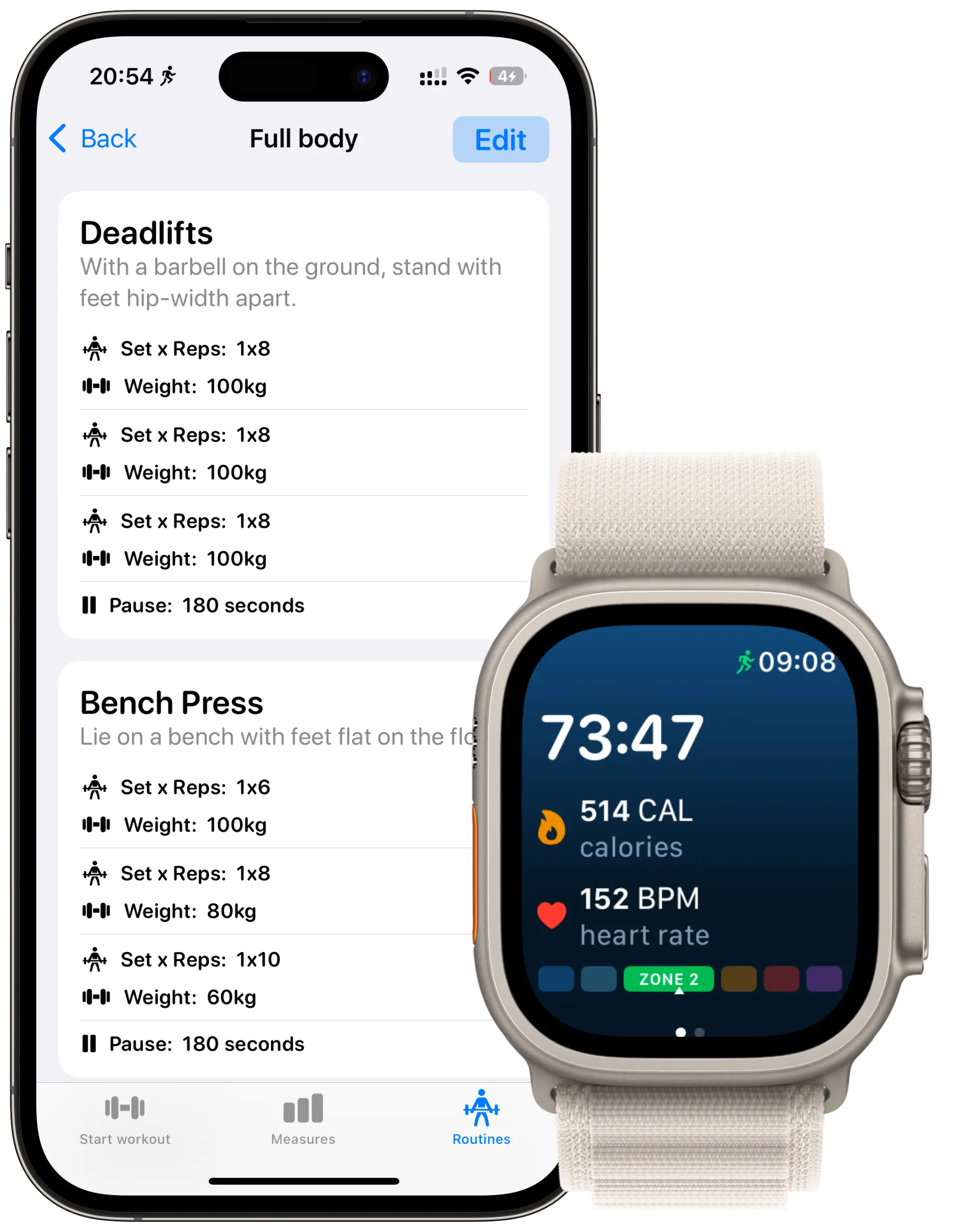 Apple Watch and iPhone displaying Gym Hero